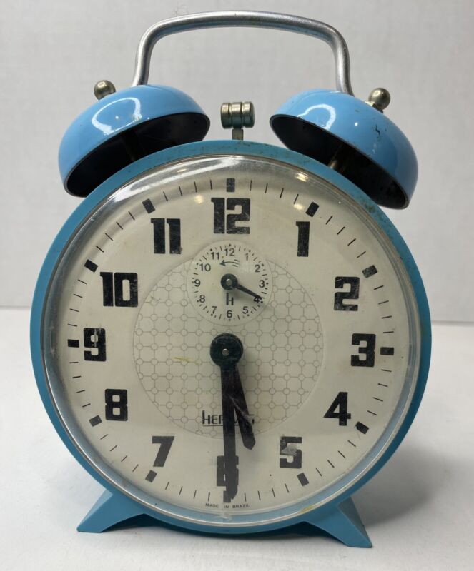 Vtg Herweg Blue Alarm Clock Bell Windup White Face Black Numbers Hands