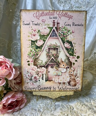 Cottontail Cottage Bunny Rabbit Shabby Chic Pink Roses Handcrafted Plaque  Sign