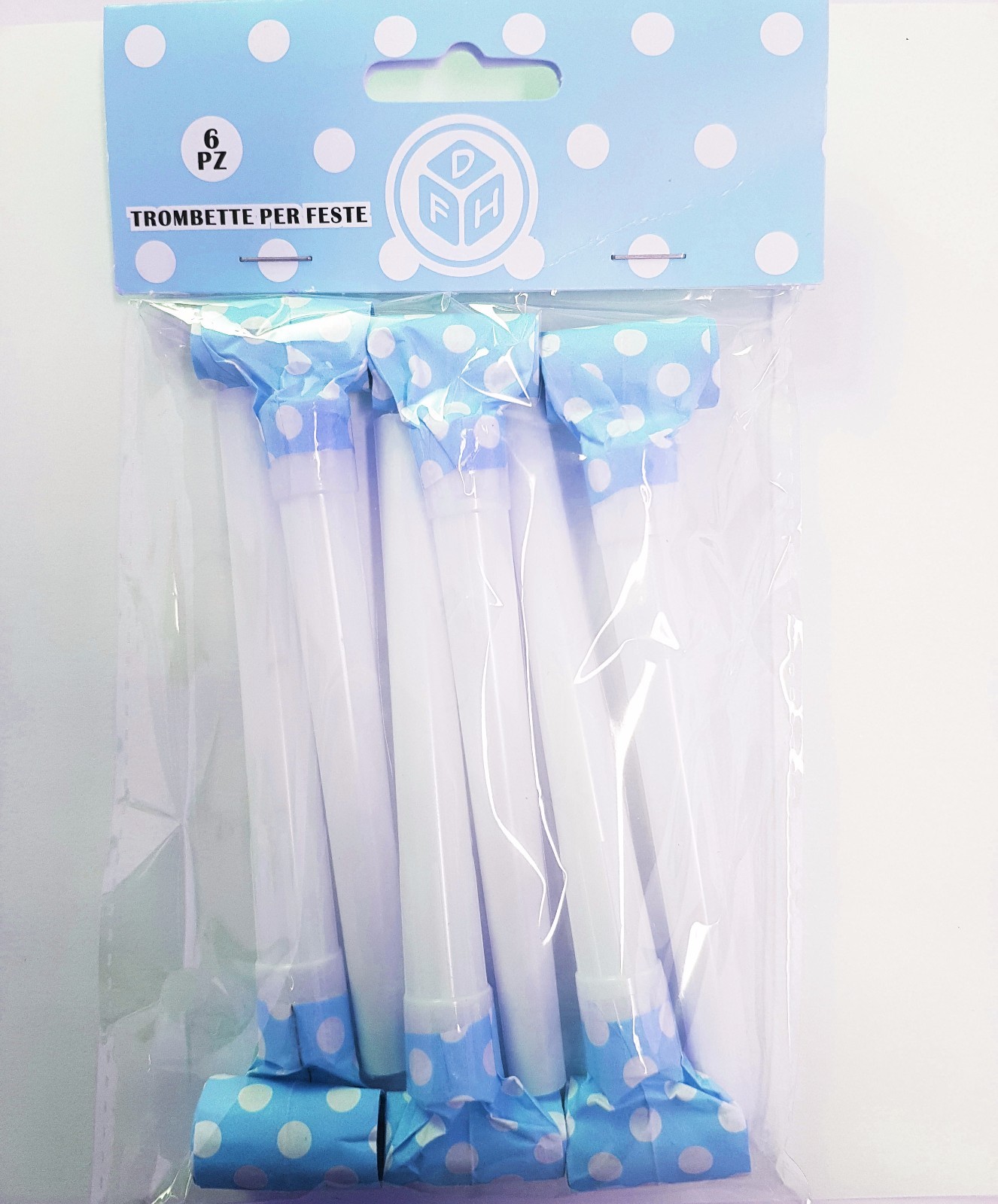 Set 6 Pezzi Trombette Di Carta Azzurro Pois Festa Compleanno Party Bambini dfh