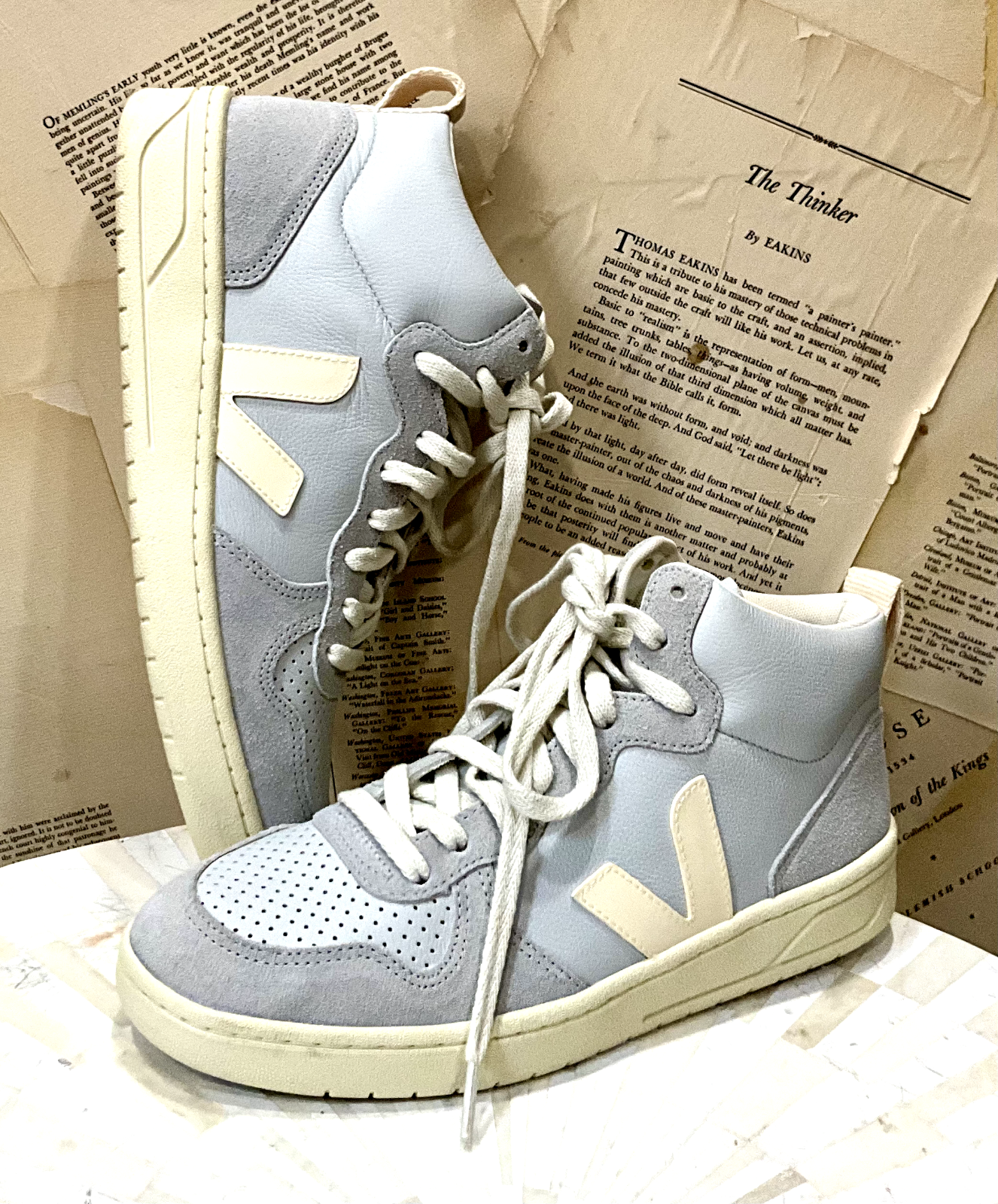 Anthropologie Veja V-15 Mid Top Sneakers Light Blue Grey Ivory Leather 40 /9 NEW