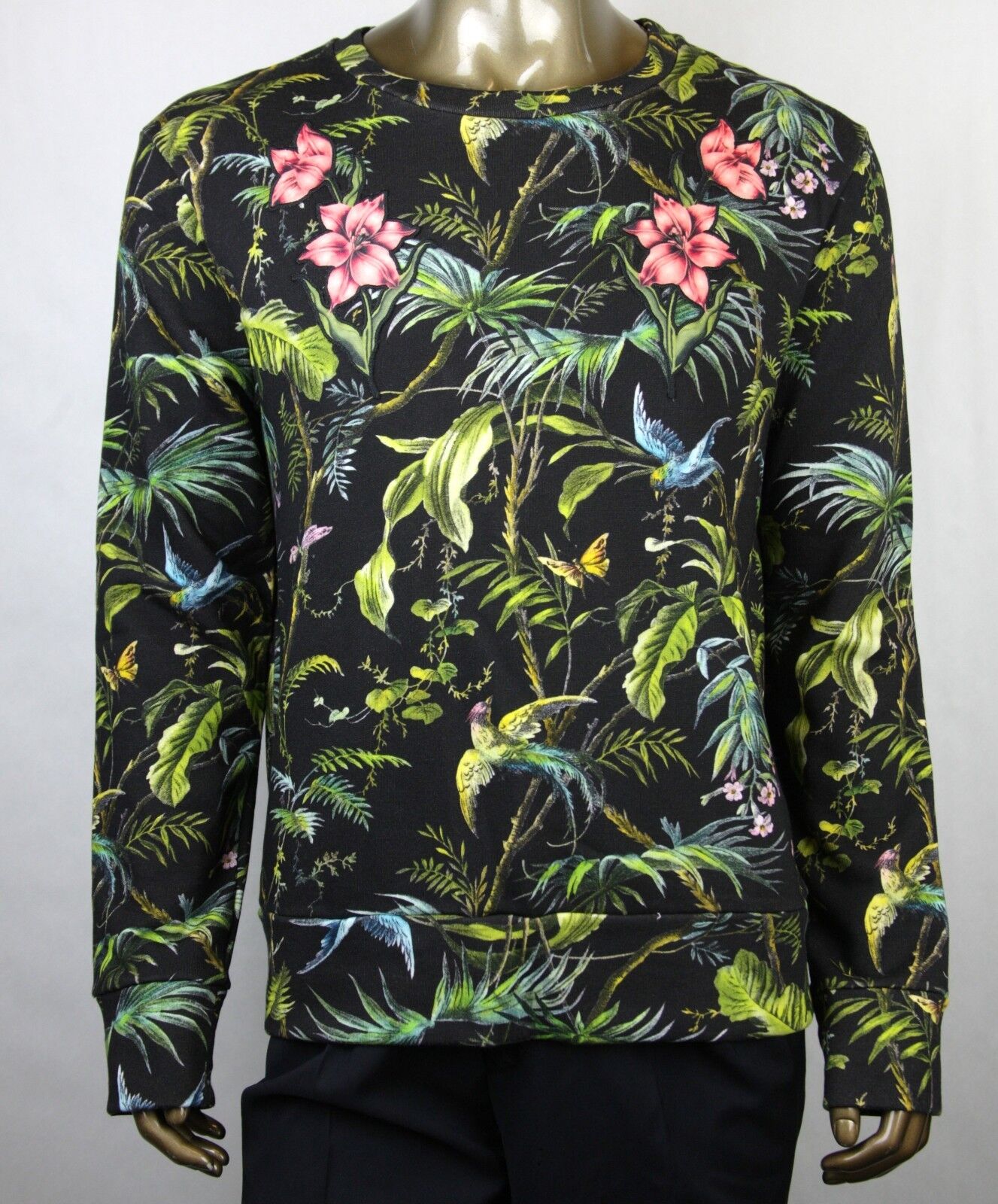 Pre-owned Gucci $1200  Men Black/green Tropical Jungle Felted Cotton Sweatshirt 408241 3118