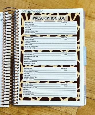Rx Prescription Log Track Dashboard Insert 4 use with ErinCondren A5 Coil Spiral
