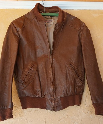 1940s Leather Bomber Jacket By Californian, Good Ribbing, Sm Med