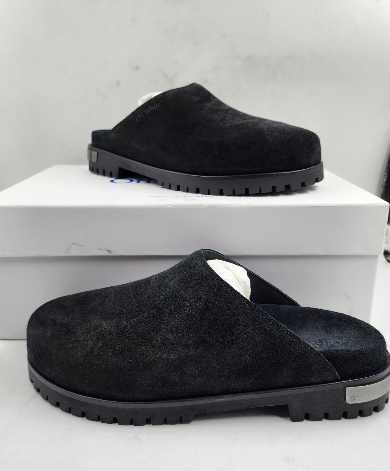Off-White Metal Logo Slip On Mules Men's 41/8US Black/Silver Heel Embossed logo - Picture 2 of 22