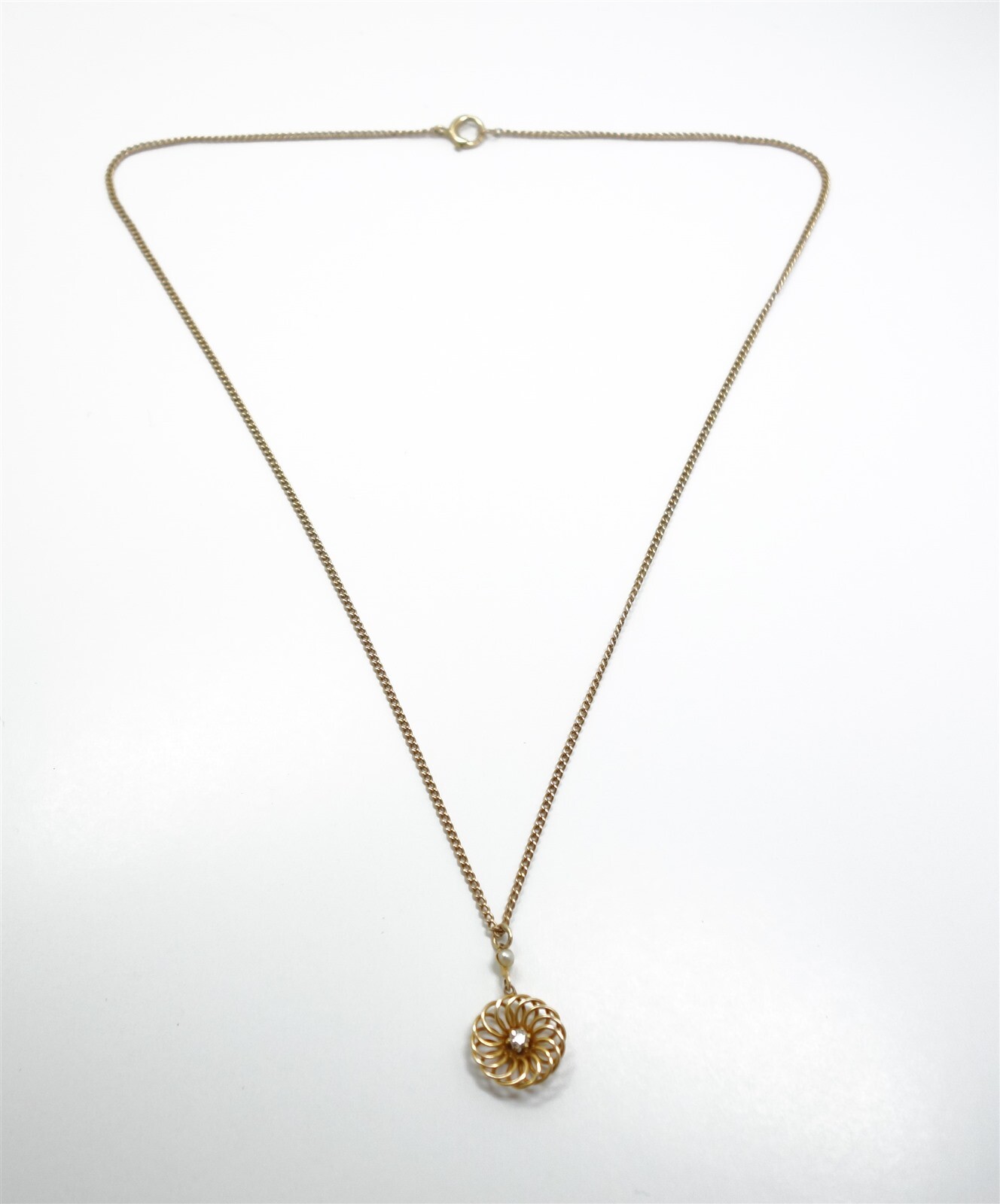 Antique Early 20c 14K Gold Diamond Seed Pearl Filigree Lavalier Necklace