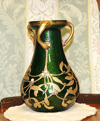 Art Nouveau French Green Glass Beaded Vase Three Handled Love Cup Circa 1900