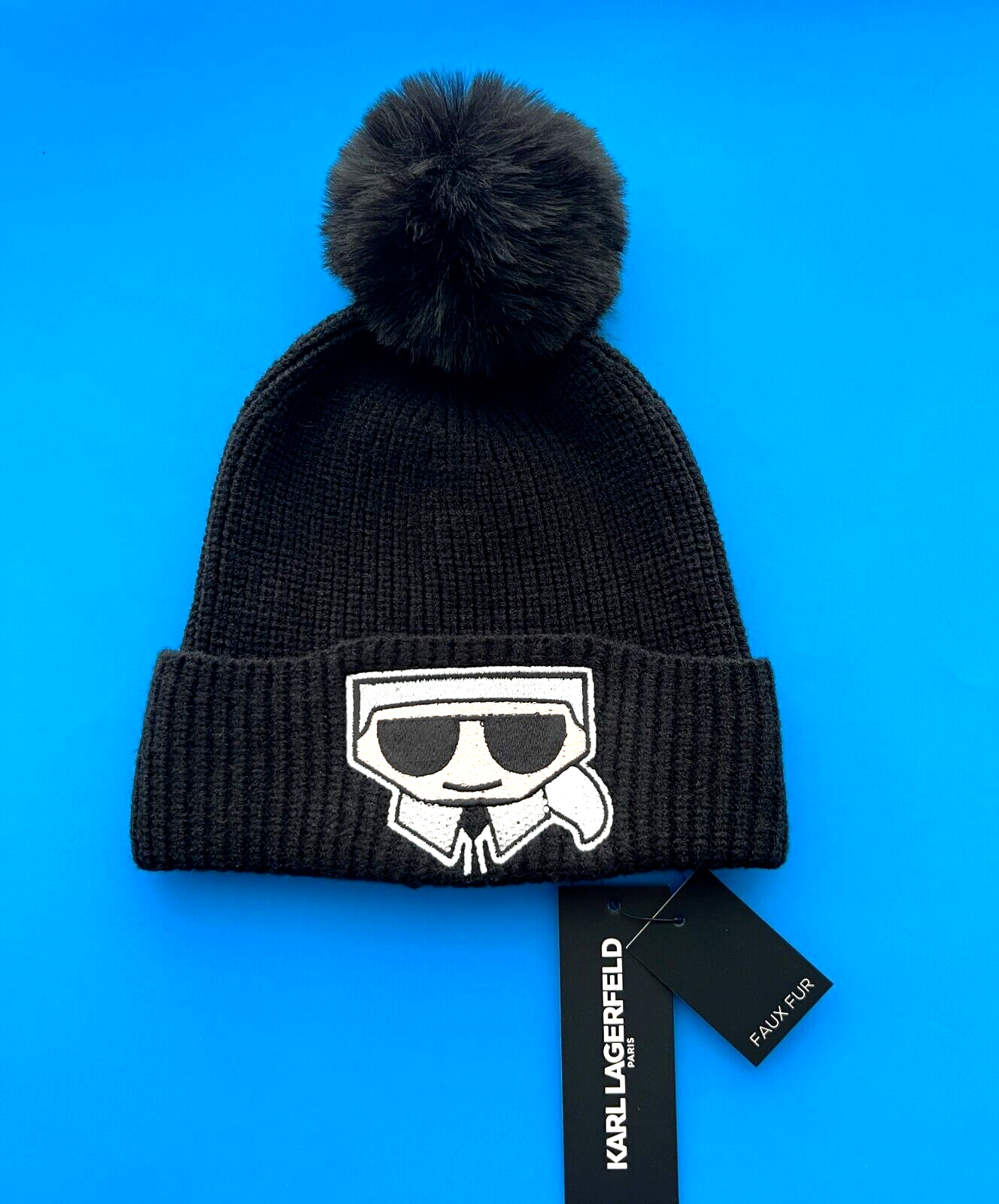 Karl Lagerfeld Paris Pom Pom Faux Fur Beanie Hat Black Applique