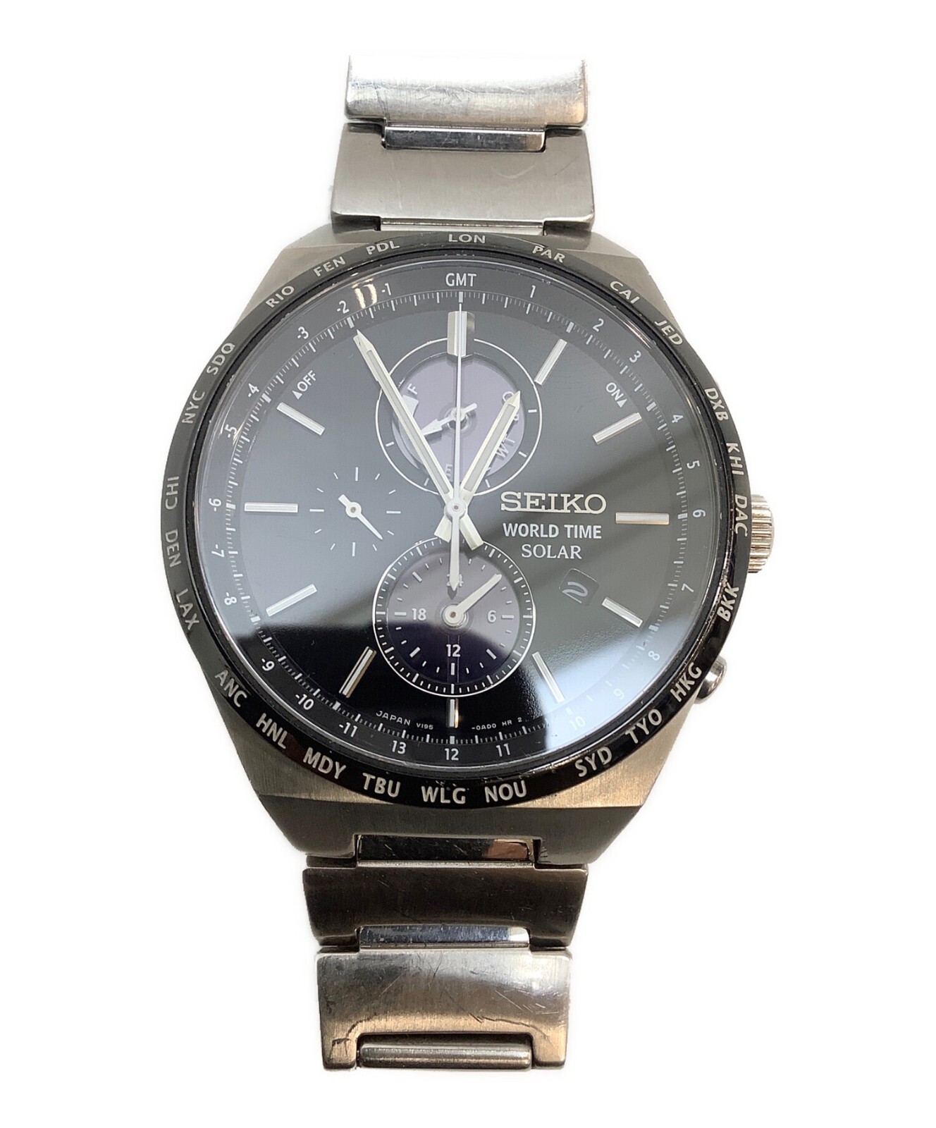 SEIKO World Time Solar V195-0AE0 Men's Watch Black Dial