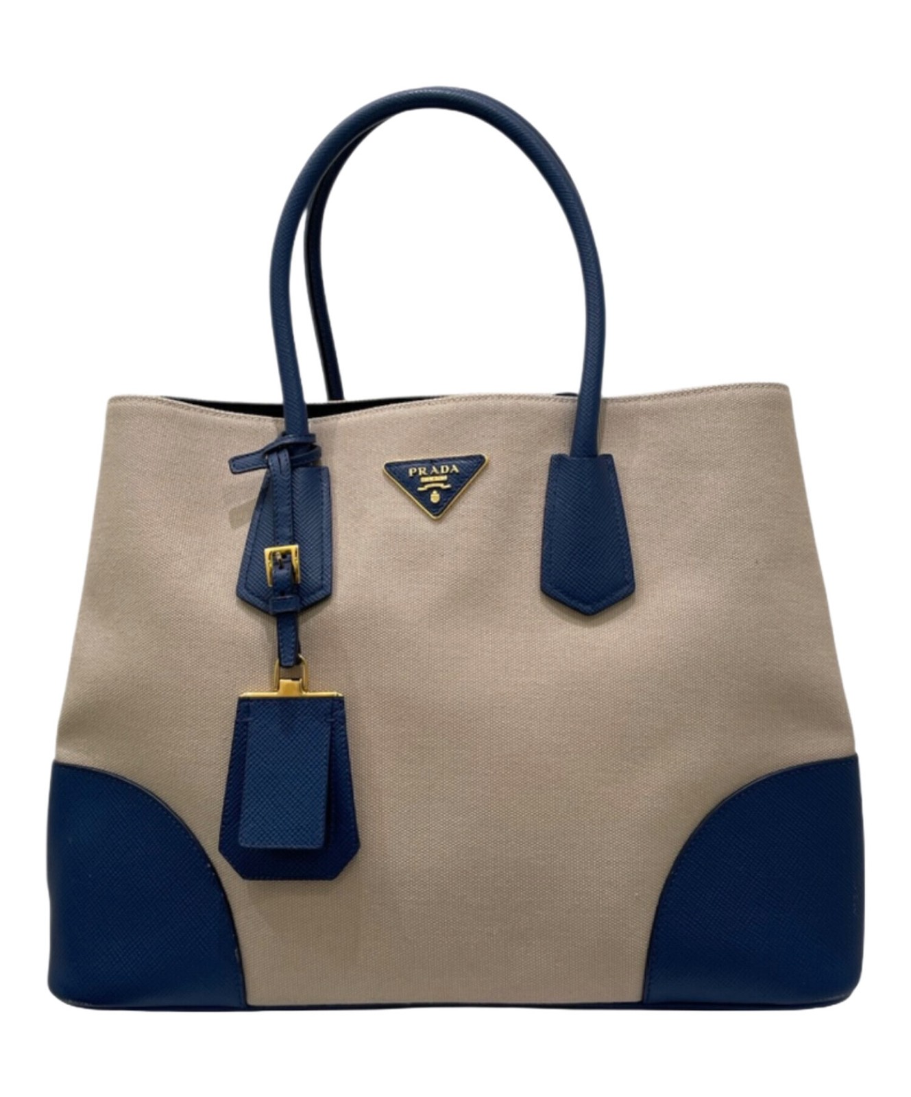 PRADA Double Canvas Leather 2Way Tote Bag Beige Blue Handbag