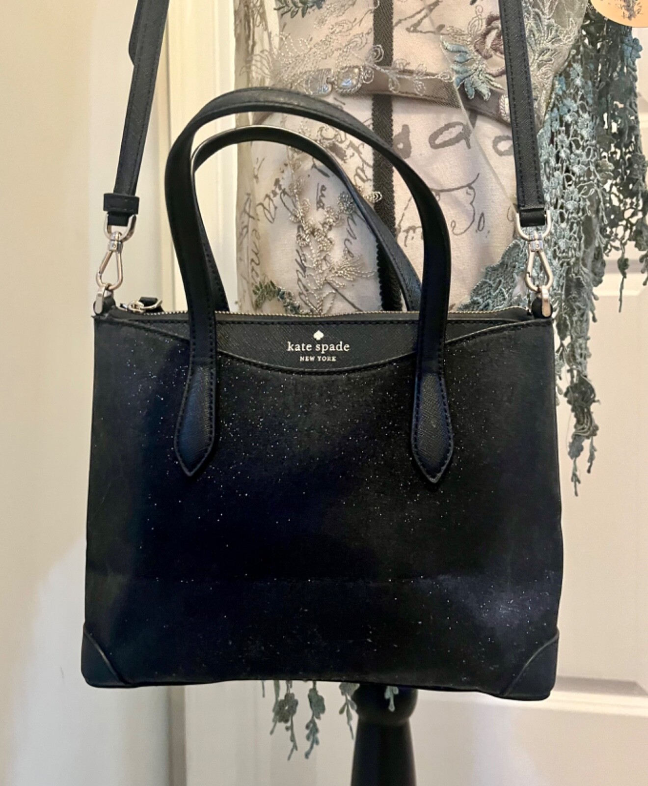 Kate Spade Black Glitter Satchel Crossbody Bag KE460
