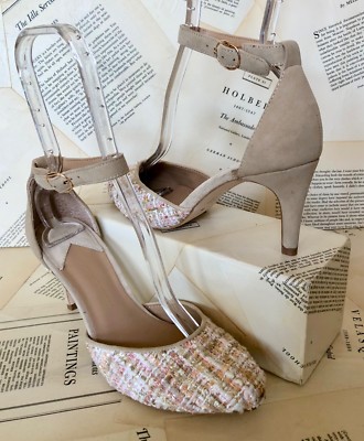 

Туфли Anthropologie Tweed Heel Heel Tan Tweed Suede Maryjane с ремешком на щиколотке, 3 дюйма, 37/7 NIB, Tan ivory white pink gold, Tweed