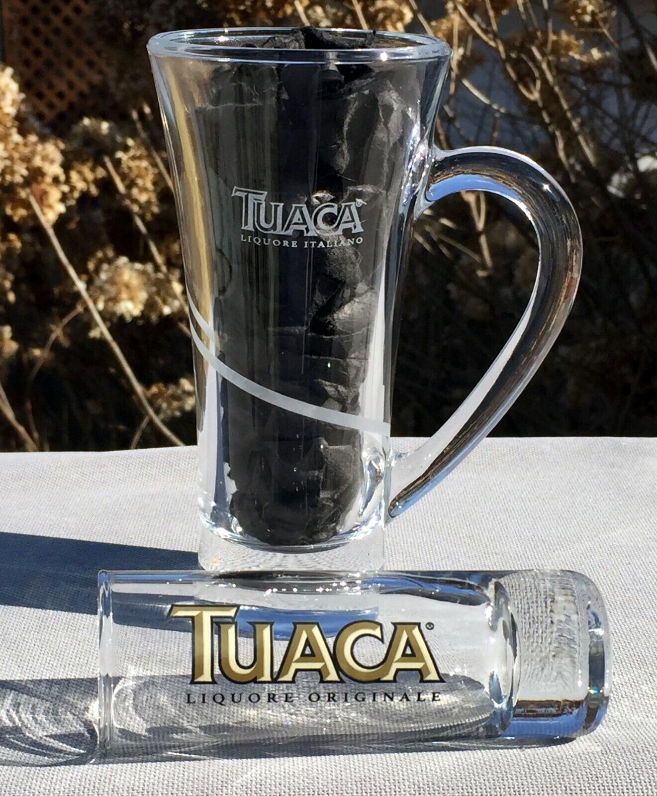 New Tuaca Liquore Italiano Etched Glass Coffee Mug 6 oz & Orig...