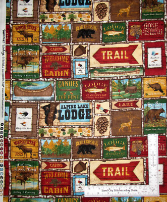 Camping Fabric Cabin Deer Bear Patch Summer Lodge Cotton by SSI By The Yard
