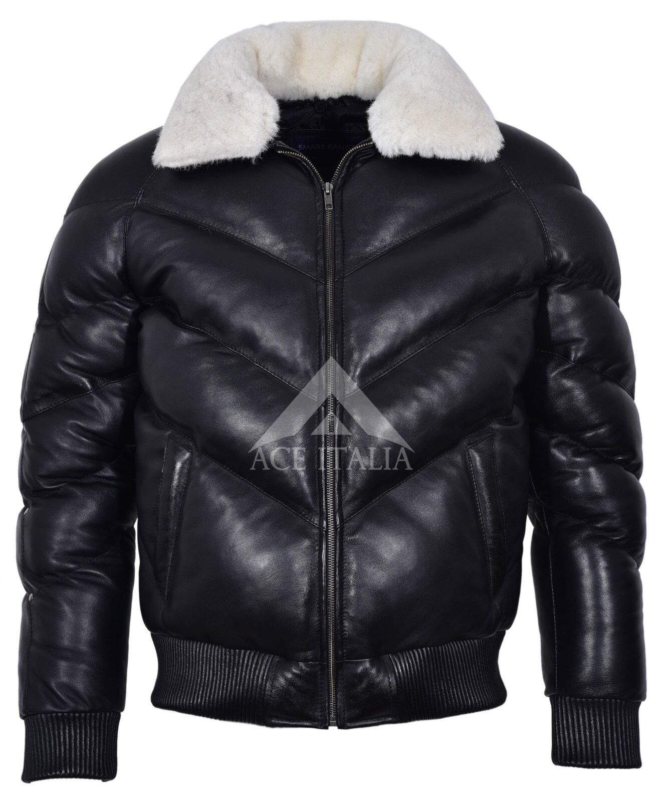 ACE Men's Puffer Black Real Leather Jacket White Sheep Fur ACE Men's Puffer Black Real Leather Jacket White Sheep Fur
