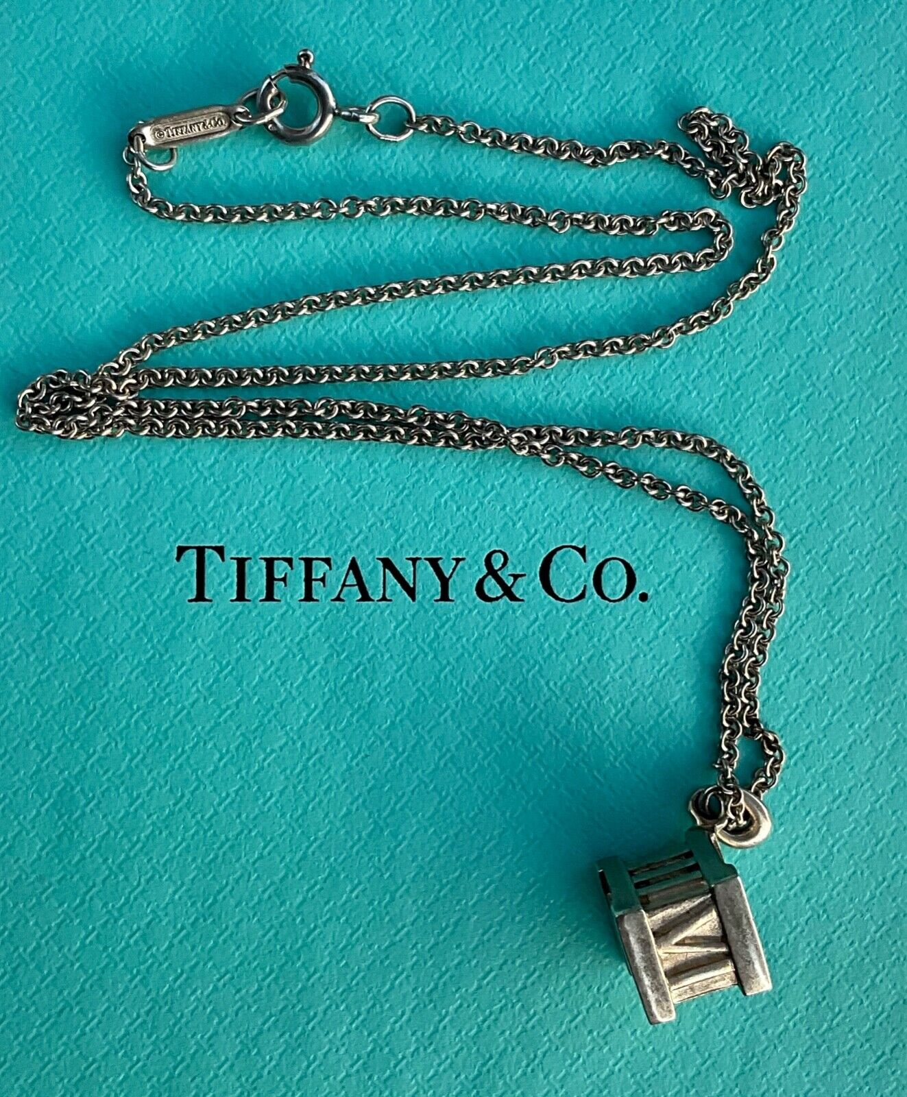 TIFFANY CO Atlas Roman Numeral Cube Pendant Necklace Chain Sterling Silver 925