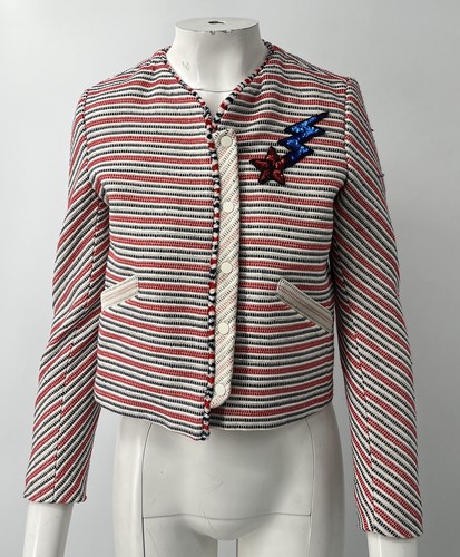 sandroコート　サイズ36 Sandro Red/White/Blue Tweed Button-Up Jacket w/ Sequin