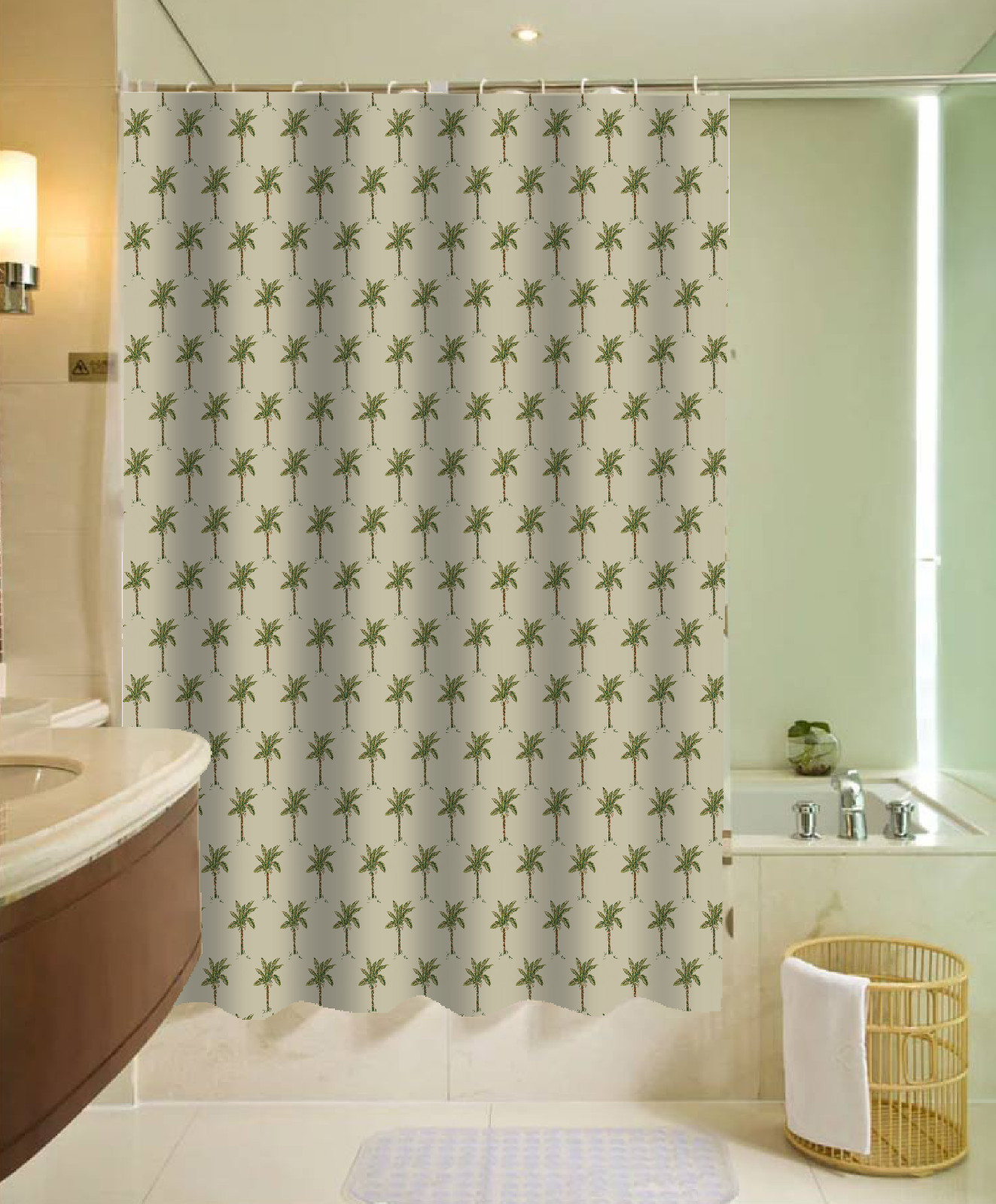 PALM TREE BATHROOM BATH MAT SET RUG CARPET SHOWER CURTAIN RINGS LID COVER $ 57 JPG