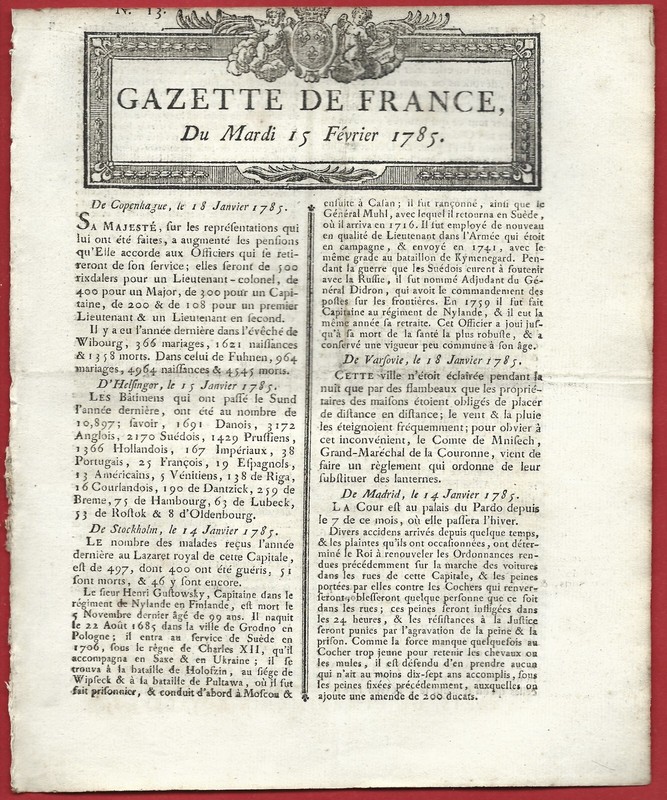 1785 Gazette Renaudot NÂ° 13