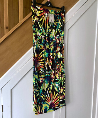 TU Size 12 Strapless Dress Bandeau Black Green Yellow Tropical Leaf Jungle Beach