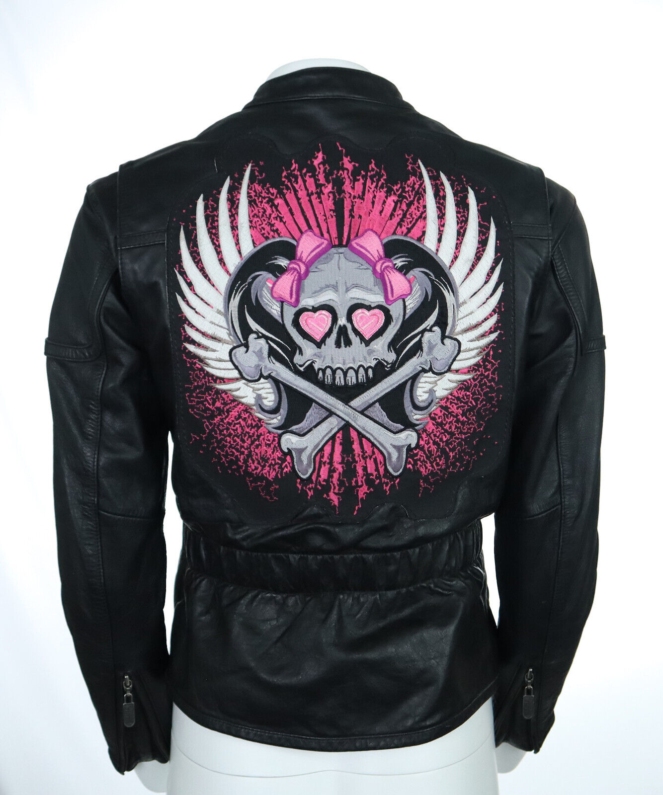 HARLEY DAVIDSON US Women's XS Black Leather Pink Skull Moto HARLEY DAVIDSON US Women's XS Black Leather Pink Skull Moto