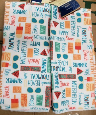 2 SAME MICROFIBER KITCHEN TOWELS (15'' x 25'') SUMMER WORDS, TROPICAL, BEACH, GR