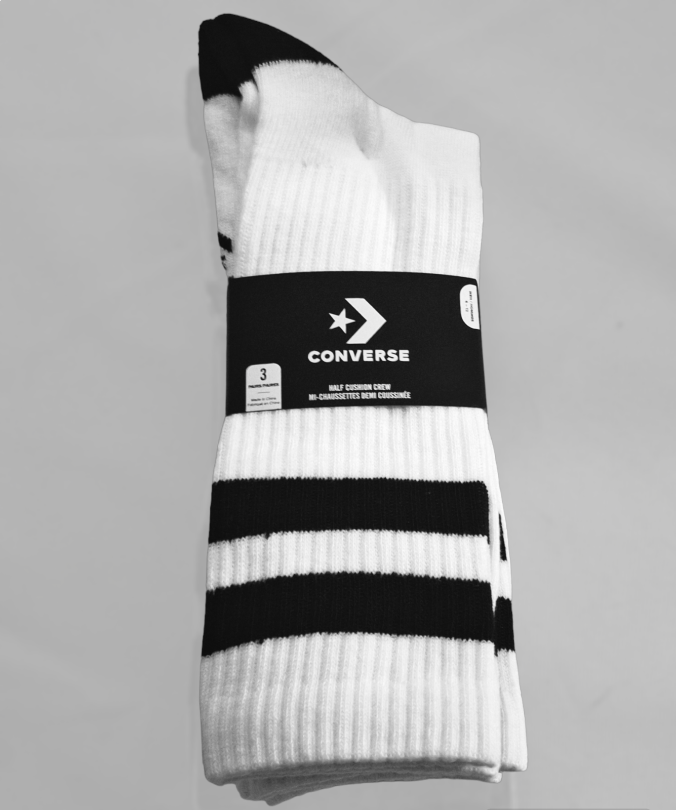 Converse Men Crew-Double Blk Stripes Half Cushion Socks Size 6-12 White 3-Pack