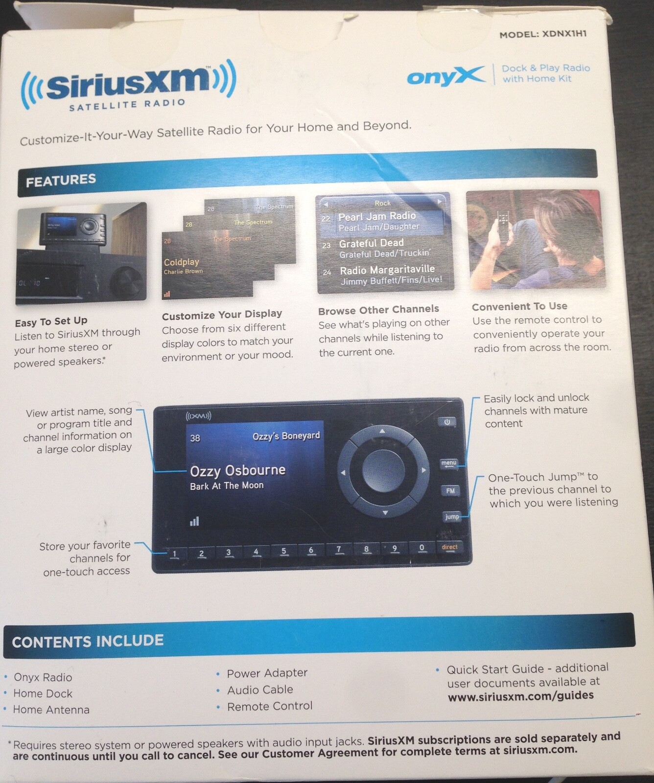 SiriusXM Satellite Radio Onyx Home Kit XDNX1H1 New Open Box