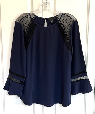 NWT J Crew size 10 navy blue silk flutter sleeve mesh dot shoulder top E6253