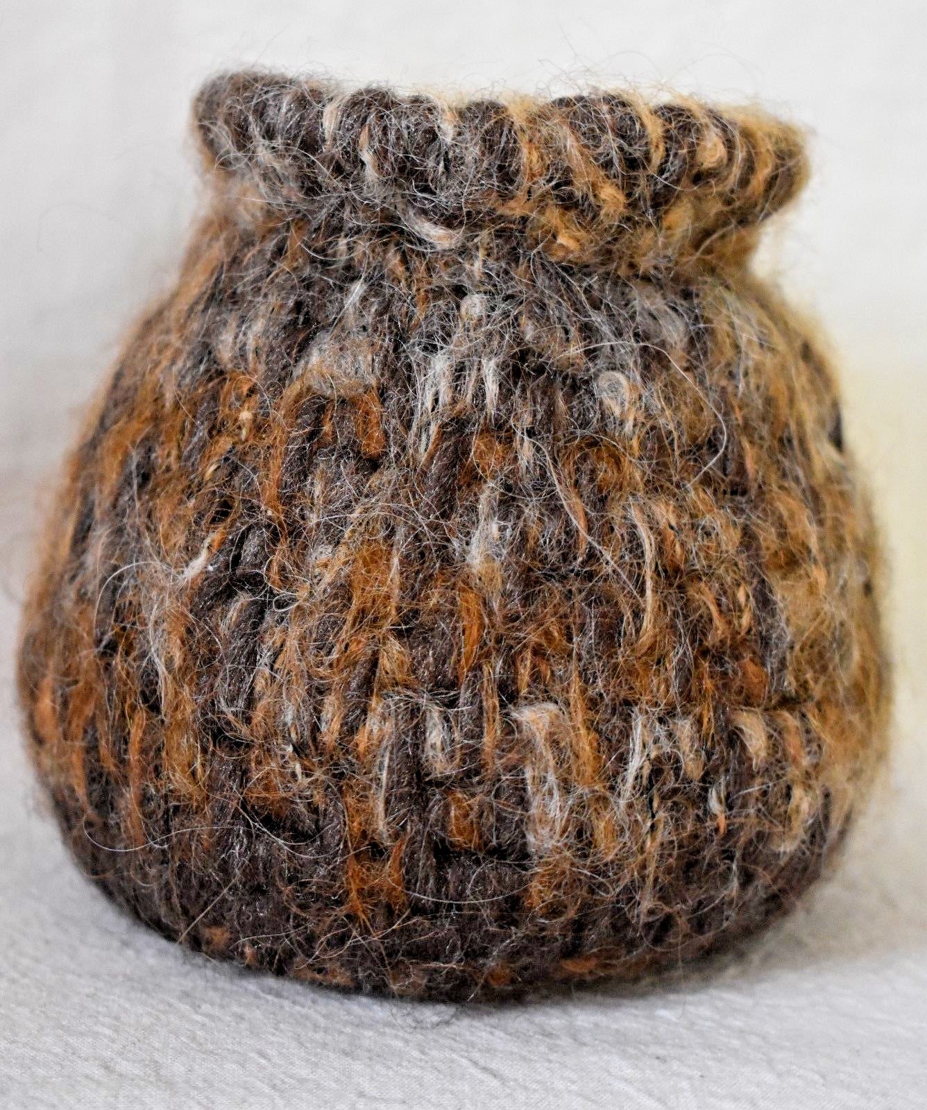 Handmade Woven Wool Basket Container soft browns tans black grays 4 inches tall