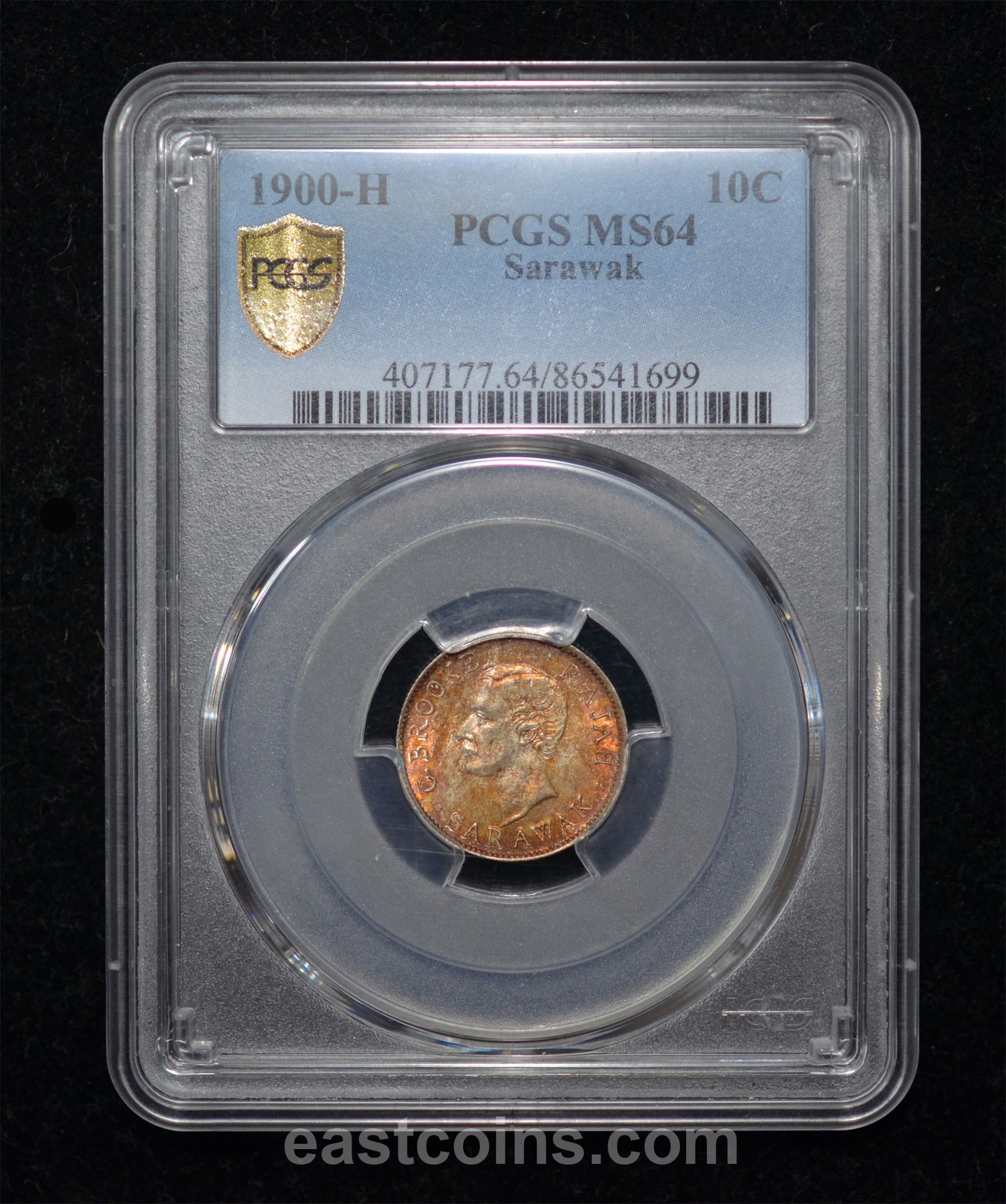 PCGS MS64 1900 Sarawak 10 Cents with beautiful toning