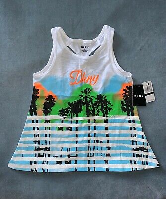 NWT Girls DKNY Tropical Palm Tree Sparkle Stripe Sleeveless Tank Top Shirt  L 12