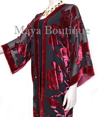 Pre-owned Maya Matazaro Red Long Kimono Jacket Silk Burnout Velvet No Fringe  Hand Dyed Usa In Red & Black