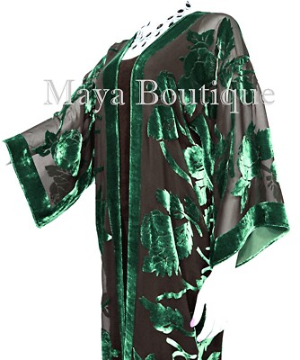 Pre-owned Maya Matazaro Green Long Kimono Jacket Silk Burnout Velvet No Fringe  In Green & Black