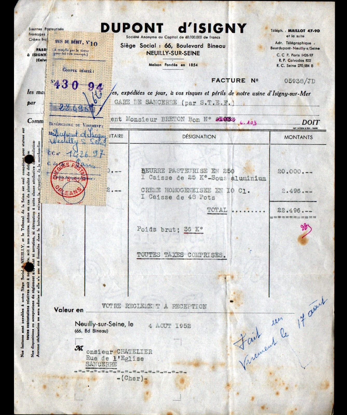 NEUILLY-sur-SEINE (92) USINE d'ISIGNY-sur-MER 14 / BEURRE "DUPONT ISIGNY" 1952