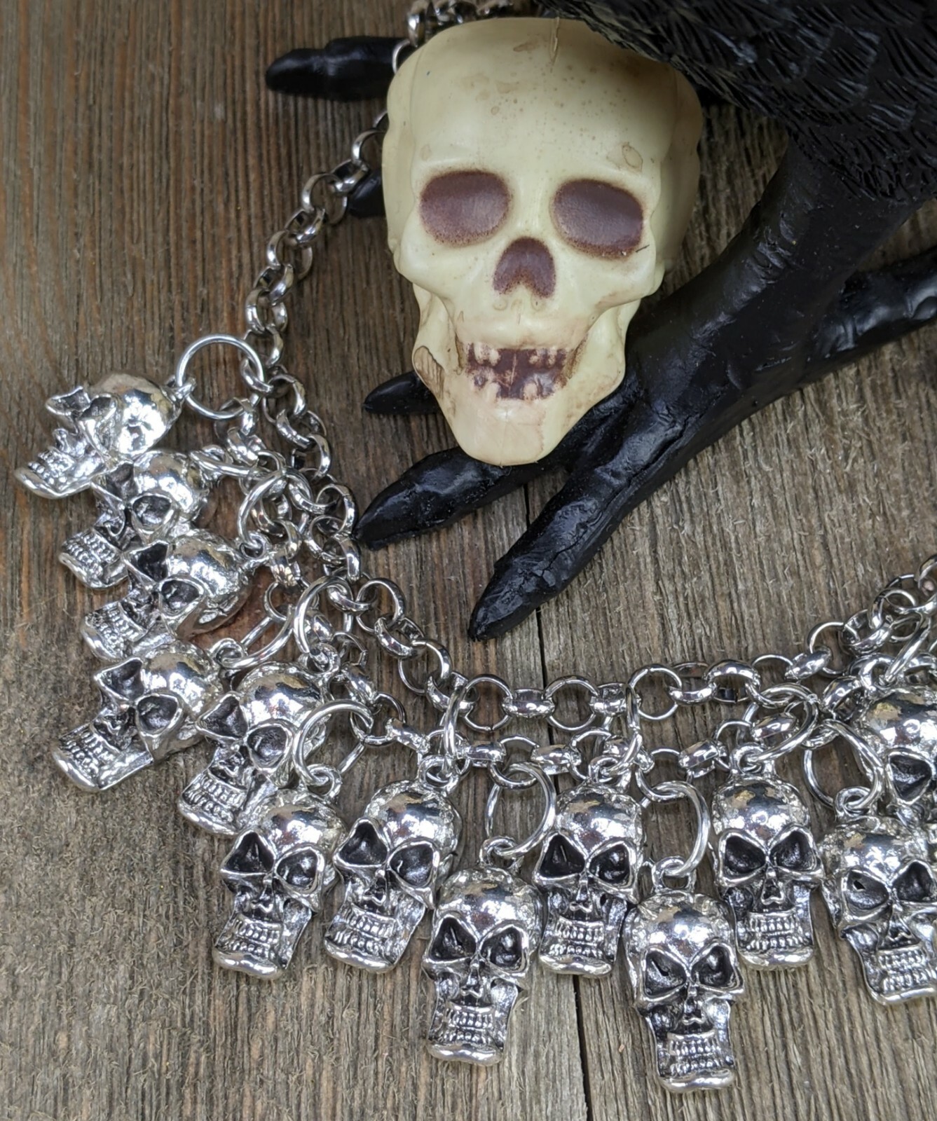 Silver Tone Skull Multi Layer Necklace Halloween Gothic Emo
