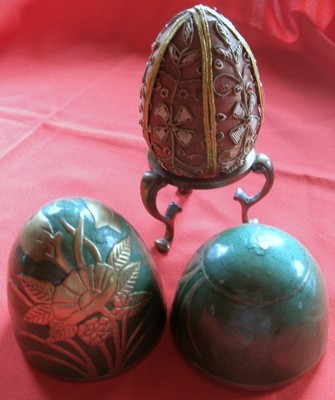 2 Ornate Eggs~Stand~Green Enamel Brass Trinket AND Silk Beaded Floral Easter Egg