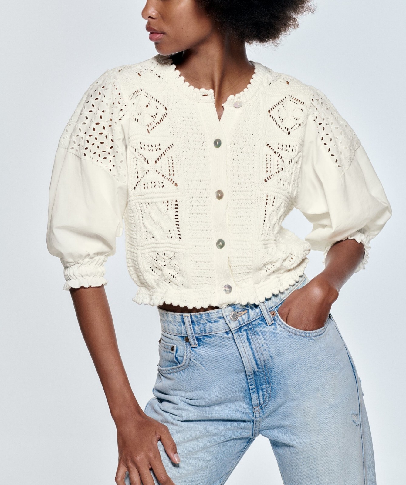 ZARA ECRU COMBINATION SHORT KNIT CARDIGAN TOP SIZE S | eBay