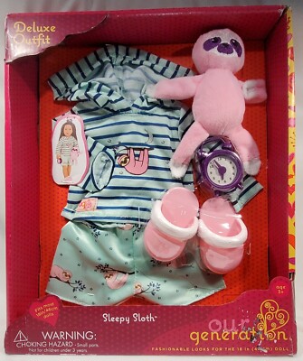 Our Generation Sleepy Sloth Pajamas, Slippers, Alarm Clock & Plush for 18'' Dolls