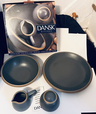 NEW DANSK SANTIAGO GREY 5 Pc Completer Serving Set: Platter Bowl Creamer Sugar