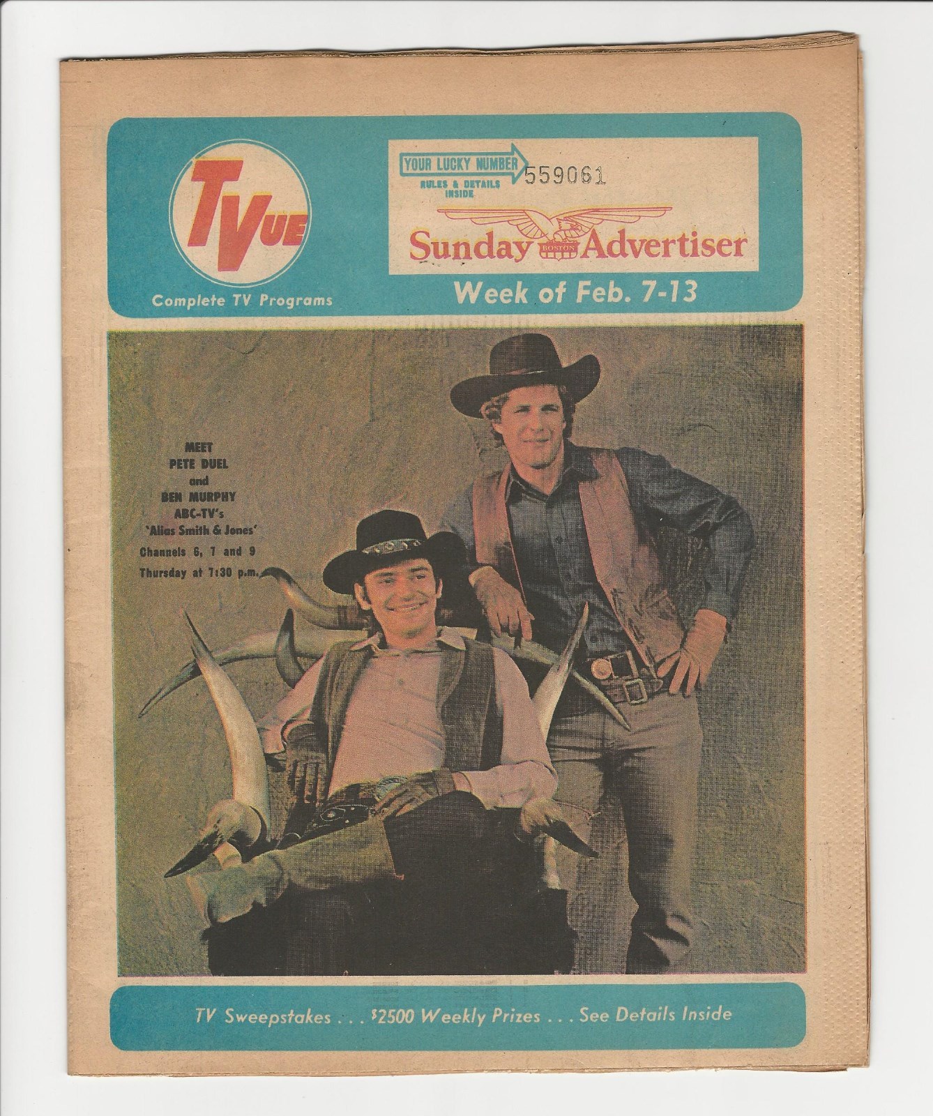 RARE 1971 ALIAS SMITH & JONES TVUE T VUE GUIDE REGIONAL PETER DEUEL PETE DUEL