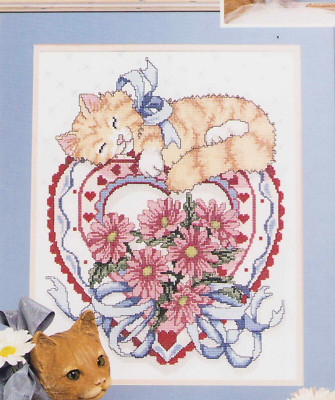 Cross Stitch KIT Cat Heart Flowers Daisies Pillow Picture OOP Sealed Vintage