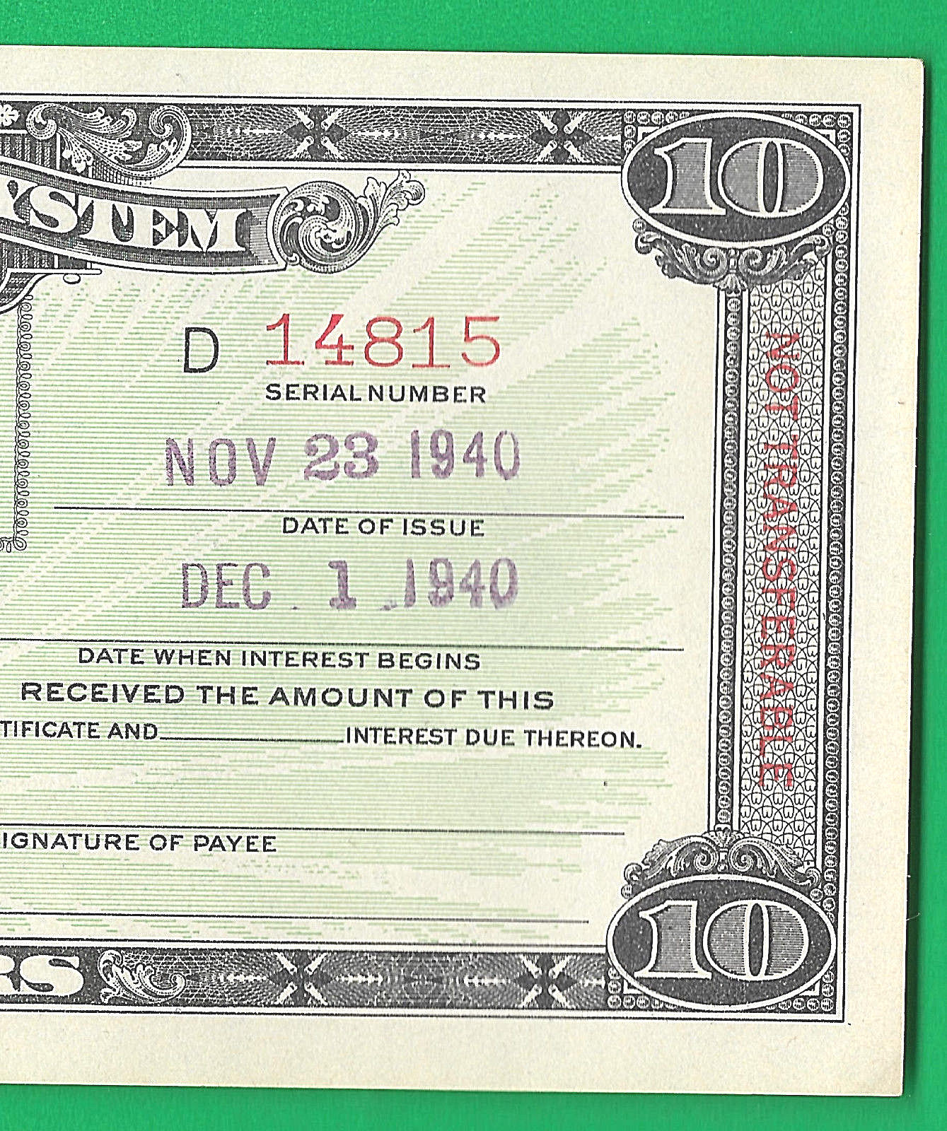 Postal Savings System Certificates Series 1939 $10 Rockford, Illinois # D 14815