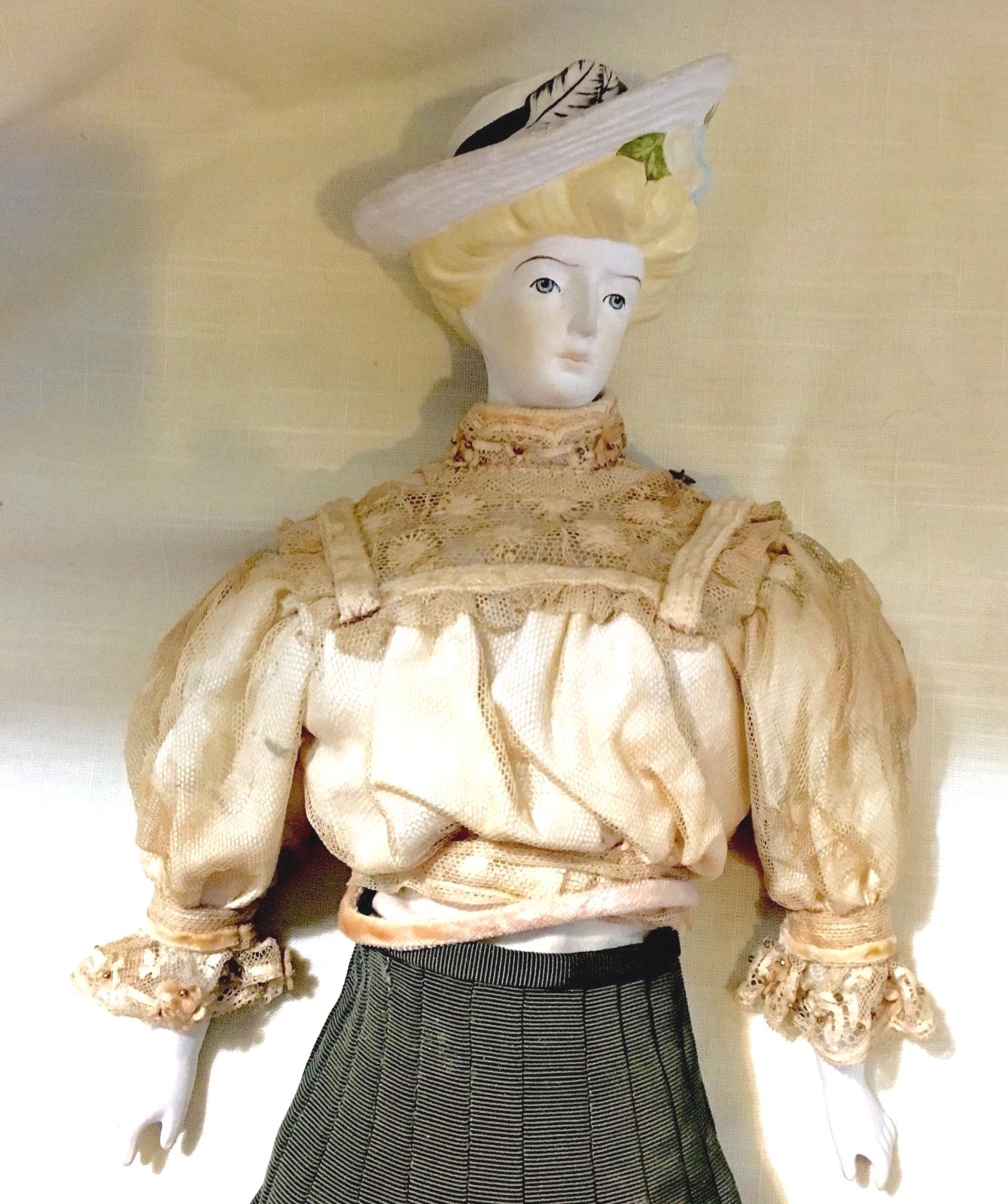 Antique Bisque Parian Doll with Molded Hat - Taffeta Skirt - 17 Inches