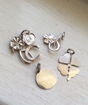FOUR LEAF CLOVER, HORSESHOES, GOOD LUCK - 4 Sterling Vintage Bracelet Charm LOT