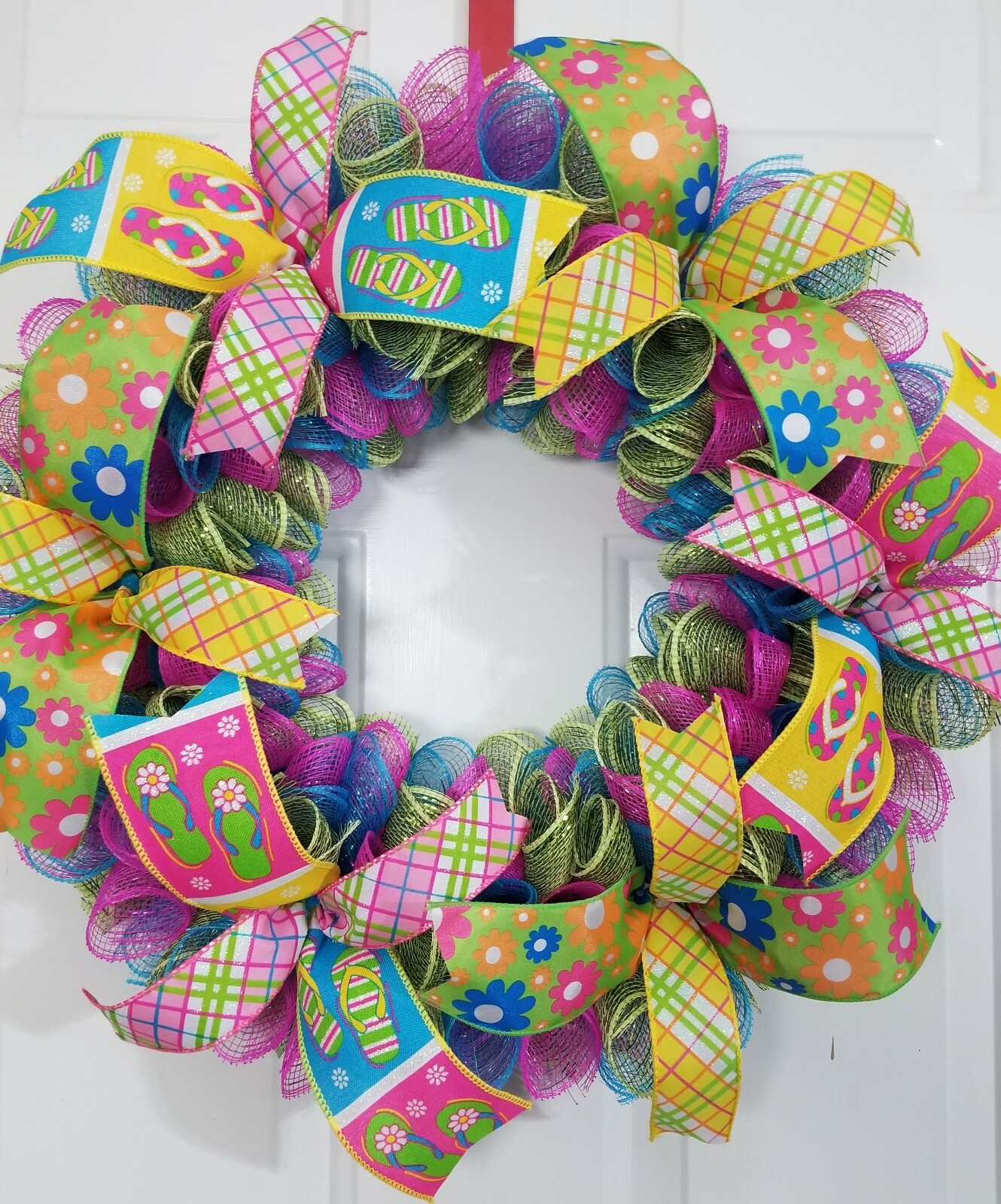 Spiral Pink Blue Spring Summer Theme Flower Flip Flops Ribbon Deco Mesh Wreath