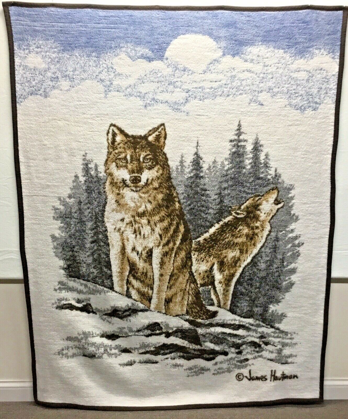 Biederlack~Howling Wolves~Hautman~Wolf~Throw~Reversible~Moon~Vintage~USA made