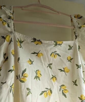 Blouse Long Tall Sally Size 12 White With Lemons Design Square Neck Elasticated 