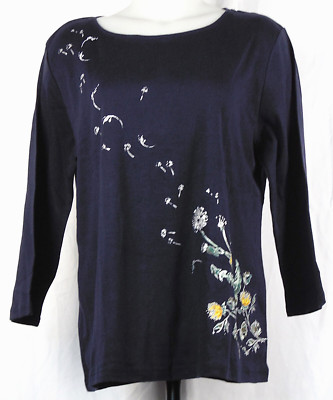 NWOT NEW Croft & Barrow Navy Blue Dandelion Wishes Floral 3/4 Sleeve T-Shirt L
