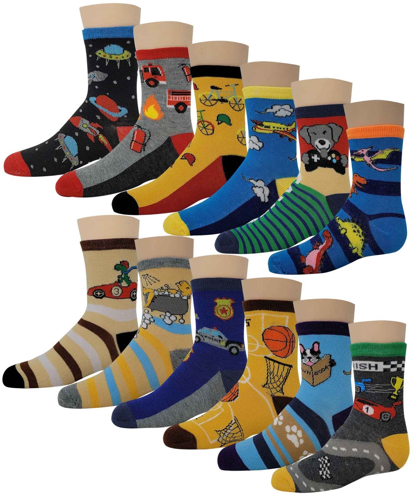 12 Pairs Boys Assorted Colorful Novelty Design Crew Socks