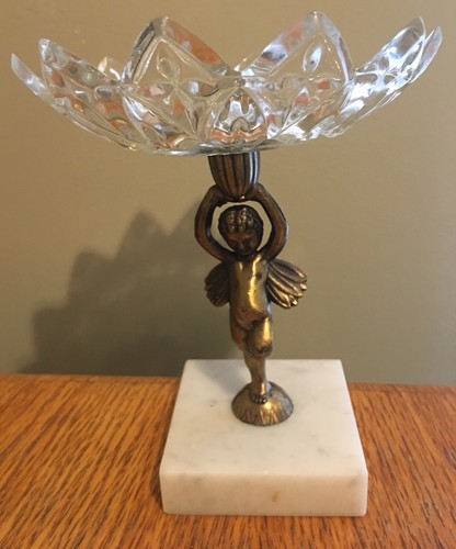 Vintage Gold Tone Metal Cherub Holding Compote On Marble Base